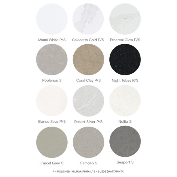 Silestone standard colours. P/S = Polished or Suede (velvety matt texture). S = Only Suede.